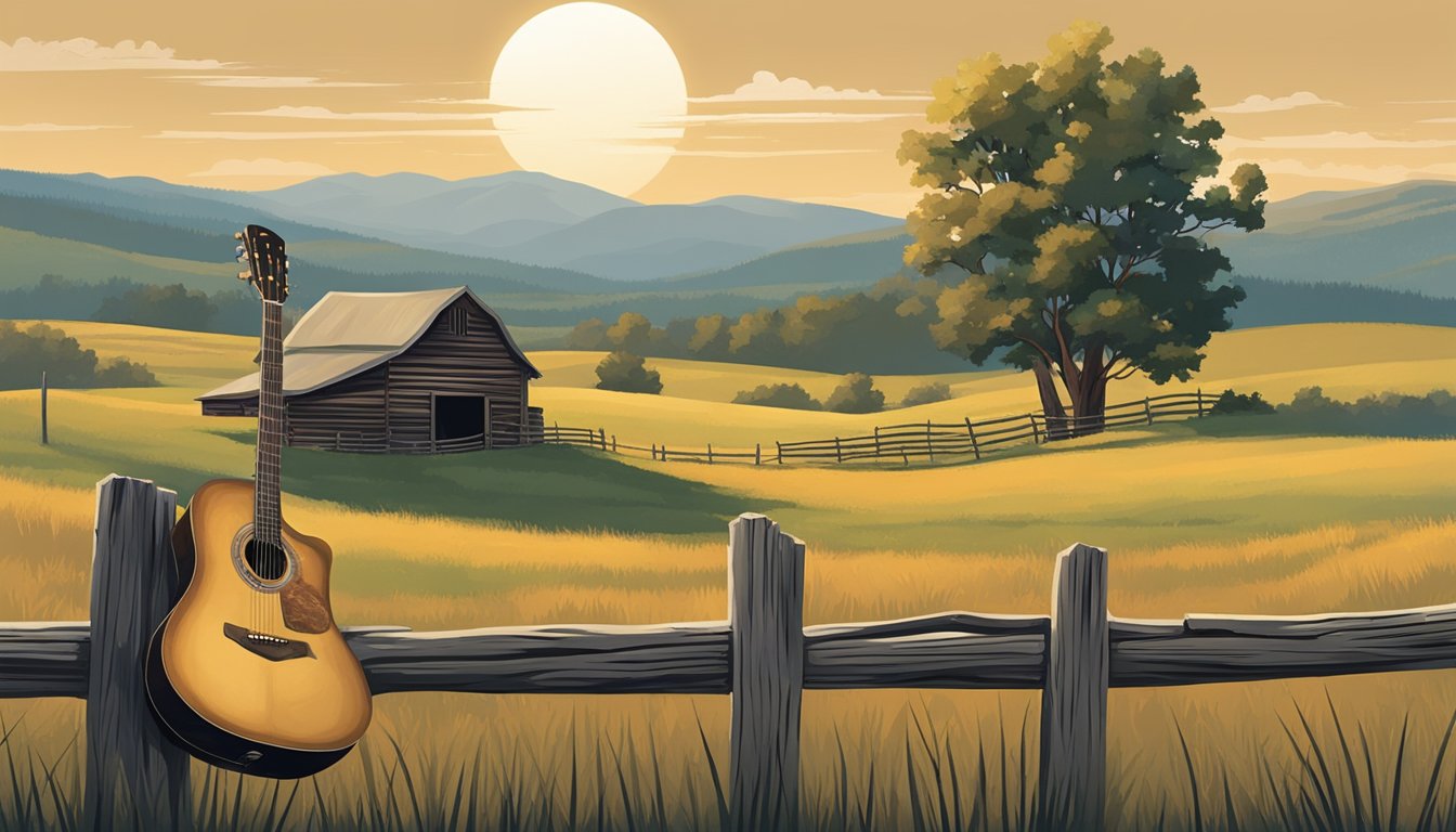 A cowboy hat hangs on a weathered fence post, surrounded by rolling hills and a rustic barn. A guitar leans against the post, hinting at the music within