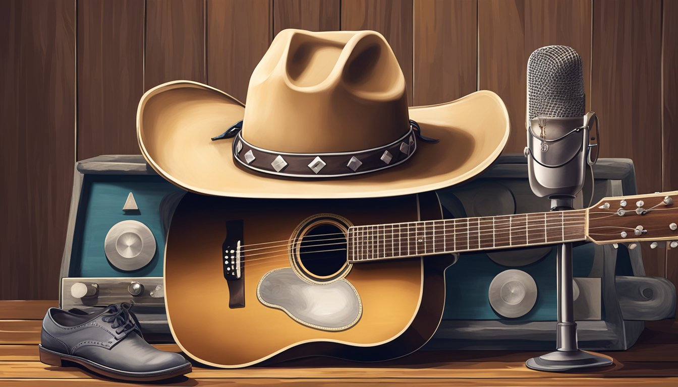 A cowboy hat resting on a weathered guitar, surrounded by vintage vinyl records and a classic microphone on a stage