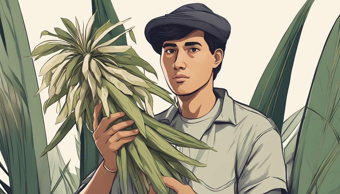 A person holding a yuca root and a yucca plant, with a questioning expression