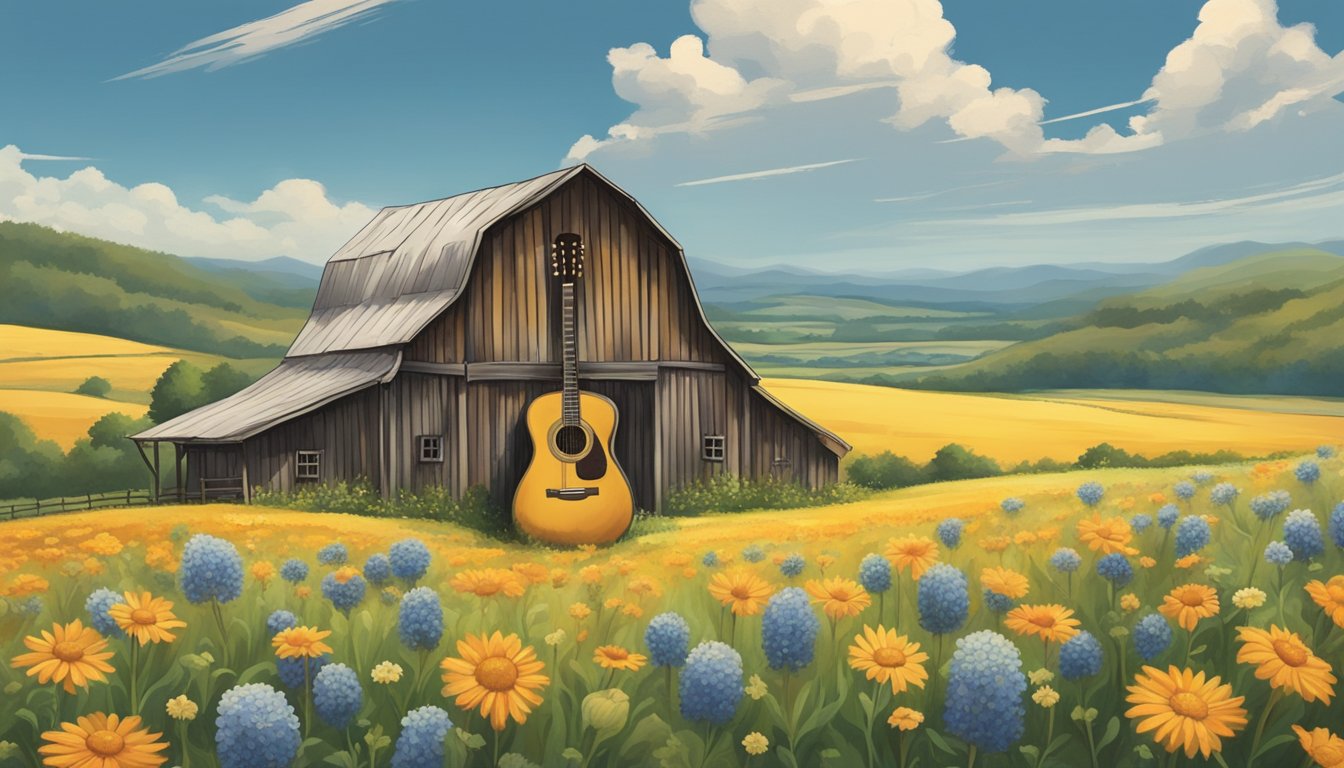 A lone guitar stands against a rustic barn backdrop, surrounded by rolling hills and fields of wildflowers, under a vast open sky