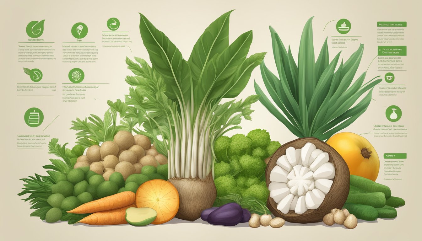 A yuca plant with its roots and tubers, surrounded by various fruits and vegetables, with a nutrition label and safety symbol in the background