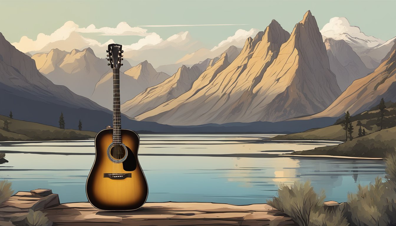 A solitary guitar sits against a backdrop of rugged mountains, reflecting the raw and authentic values of George's music