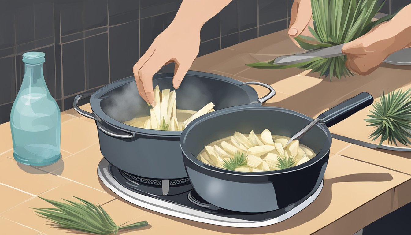 A person peeling and cutting yucca, then boiling it in a pot of water on a stove