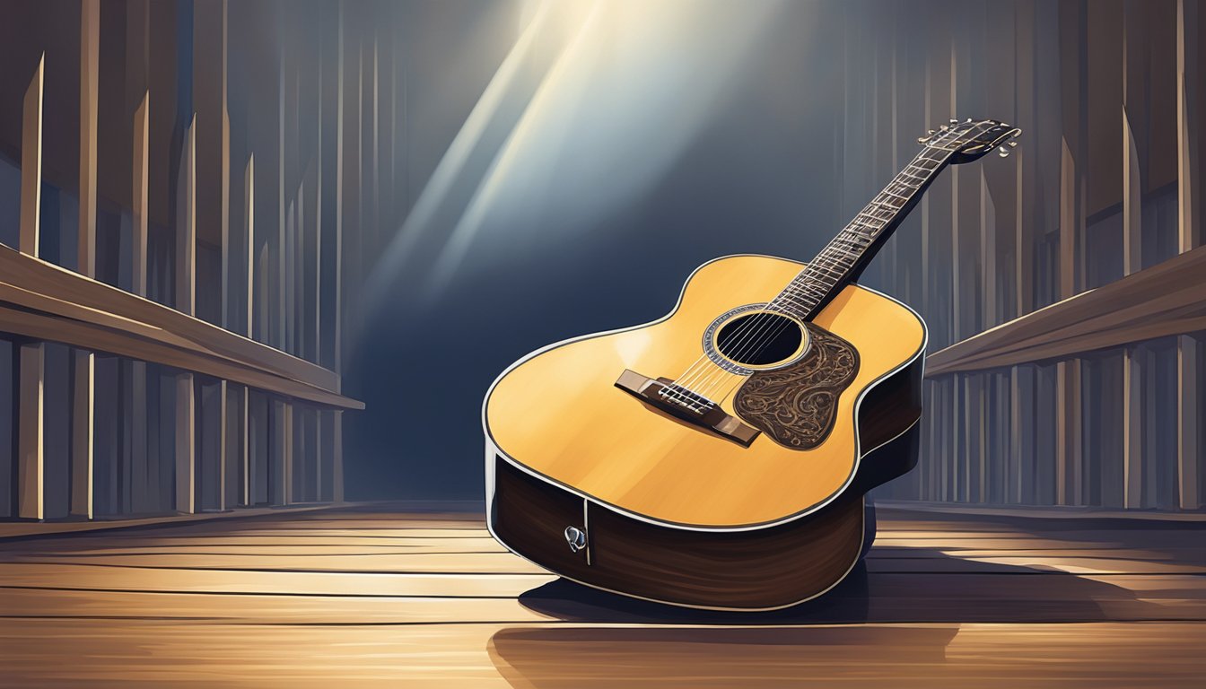 A lone guitar stands center stage, bathed in a spotlight. A cowboy hat rests on the headstock, symbolizing the iconic country music of George Strait