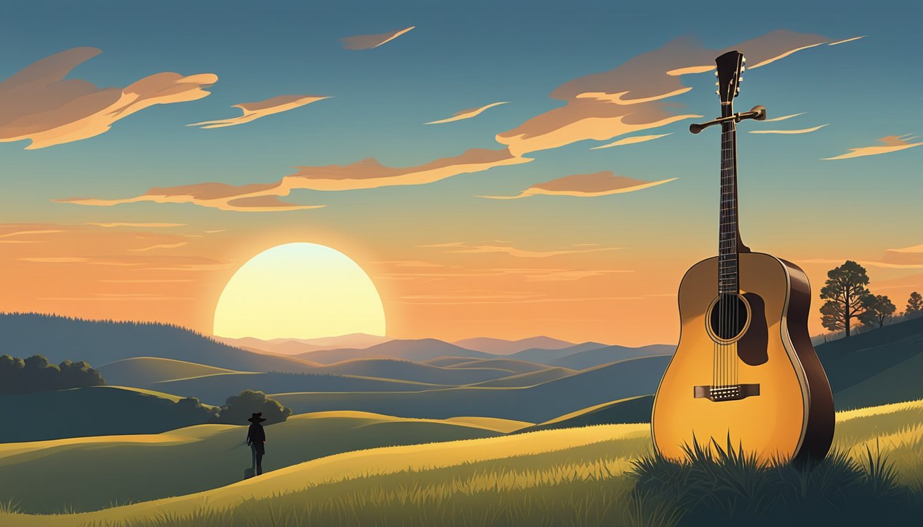 A lone guitar sits against a backdrop of rolling hills, with a cowboy hat resting on the neck. The sun sets behind a silhouette of a lone windmill