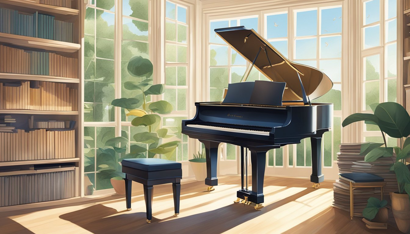 A grand piano sits in a sunlit room, surrounded by shelves of sheet music and musical instruments. The open window reveals a peaceful garden, and the notes of a melody seem to float through the air