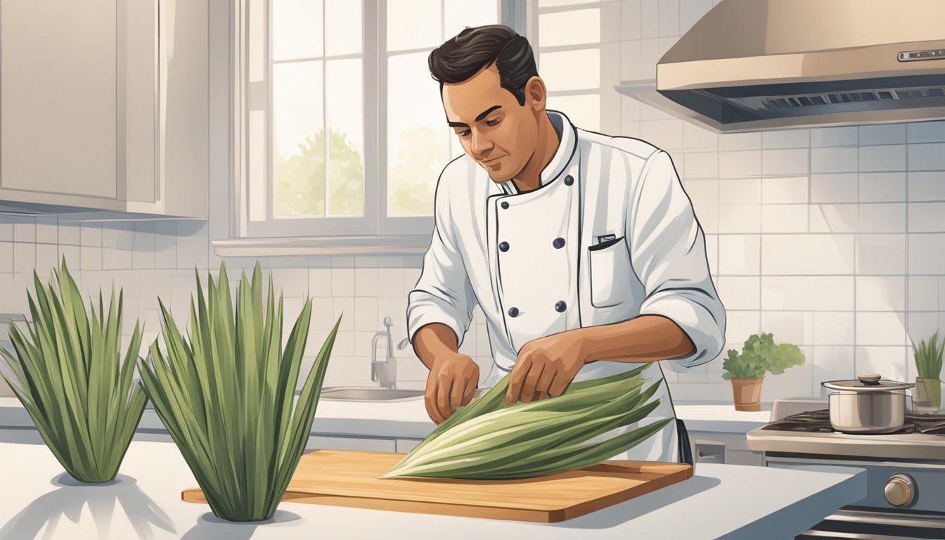 A chef confidently slicing and preparing yucca in a clean, well-lit kitchen