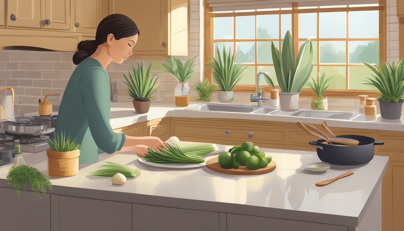 A person preparing yucca in a clean, well-lit kitchen with various cooking utensils and ingredients on the counter