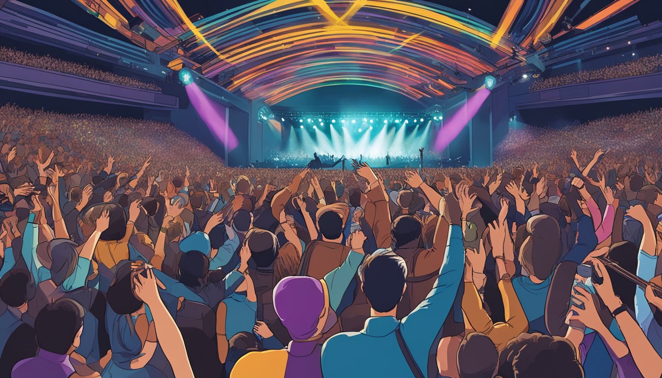 A crowded concert venue with a dynamic stage, vibrant lighting, and enthusiastic fans, capturing the energy and passion of George's live performances