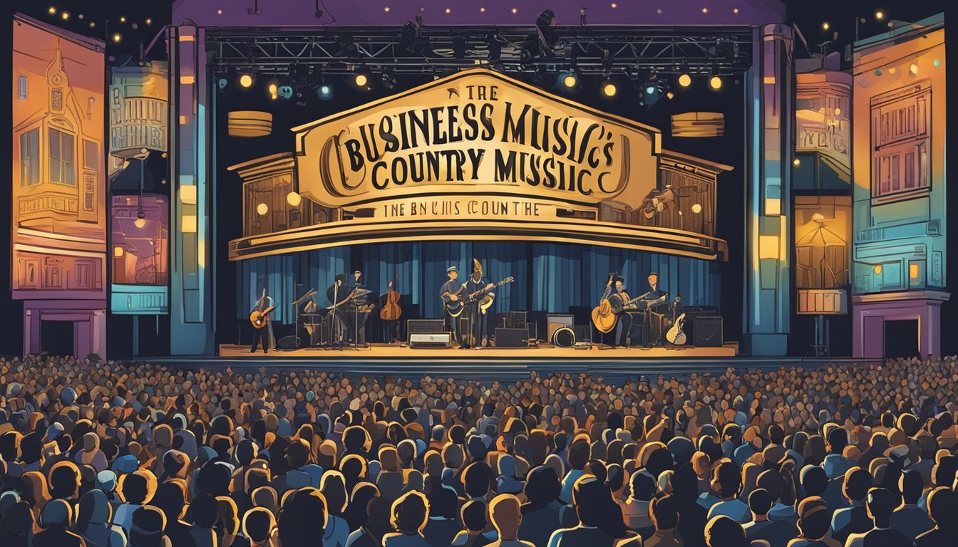 A crowded concert venue with a spotlight on a stage, showcasing various musical instruments and a large banner with the words "The Business of Country Music: The King's Ransom" in bold letters