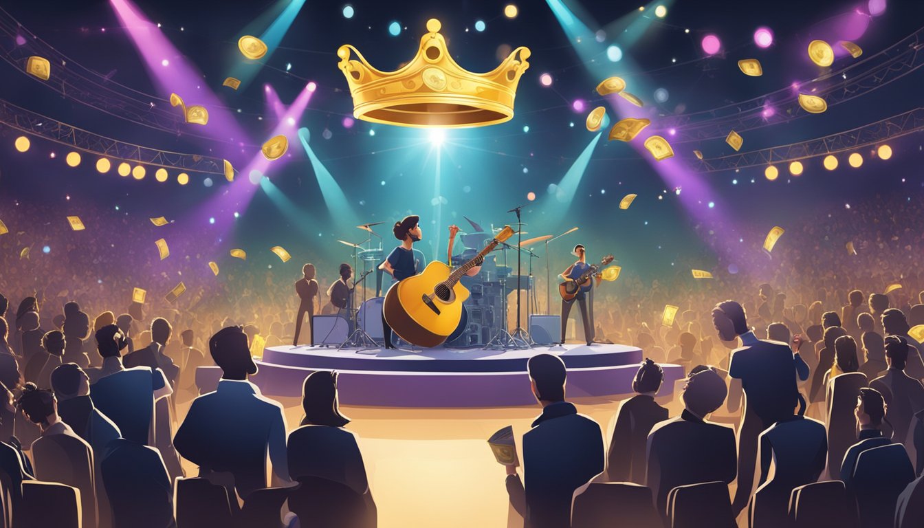 A stage with a spotlight on a guitar surrounded by stacks of money and a crown. A crowd of modern artists admiring the display