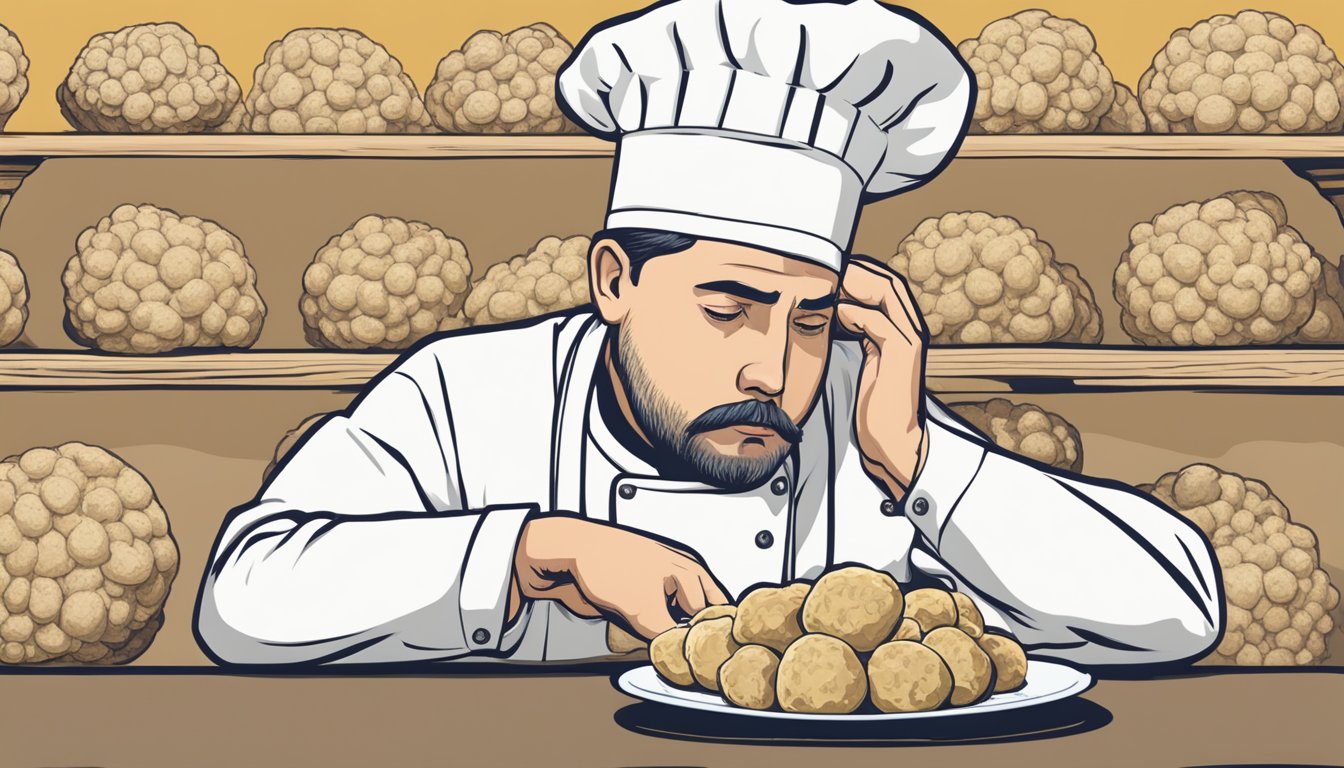 A person wearing a chef's hat examines a plate of white truffles with a concerned expression, while a question mark hovers above their head