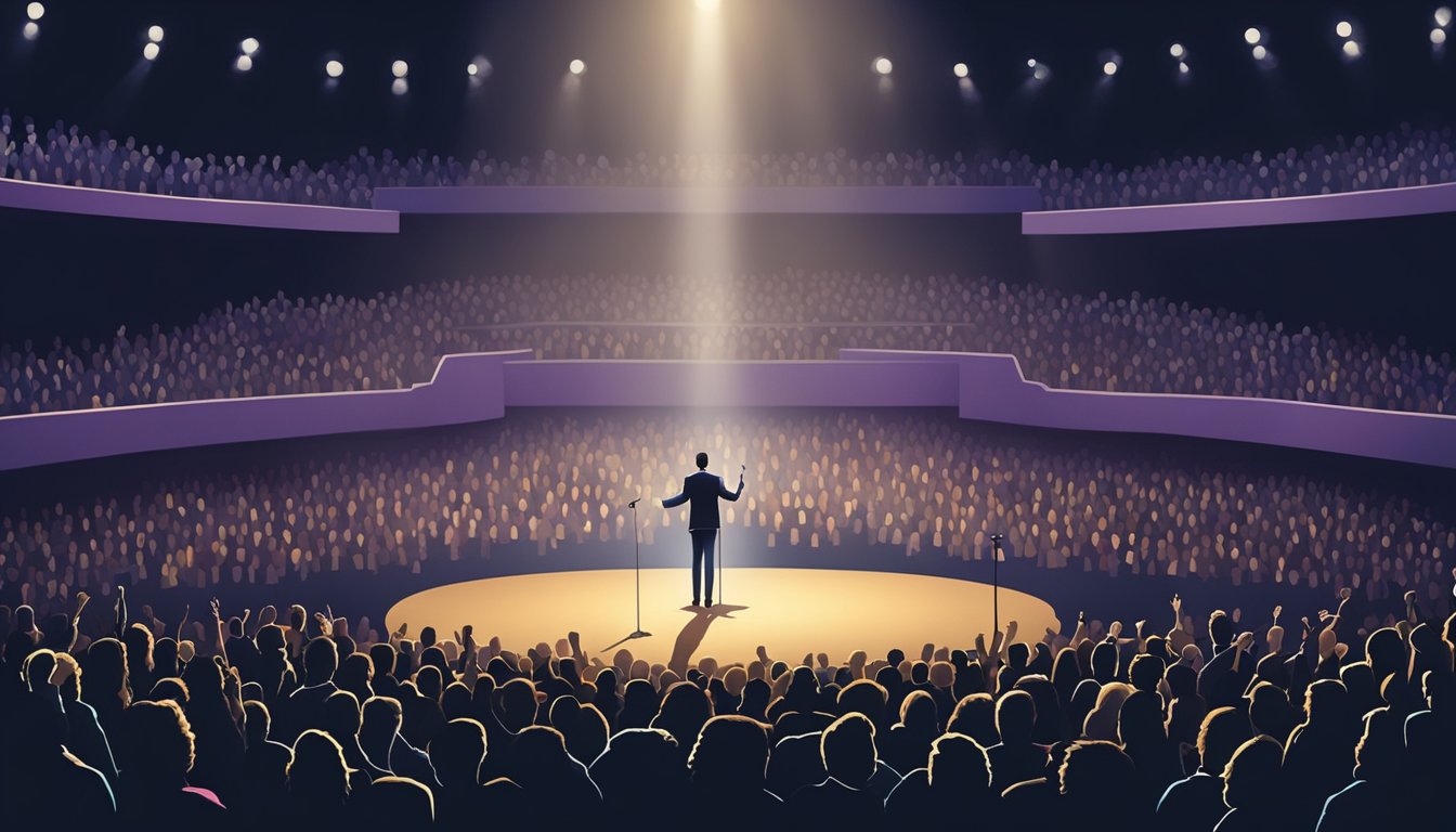 A lone microphone stands center stage amidst a sea of cheering fans, with a spotlight illuminating the empty space, waiting for the King of Country to take the spotlight