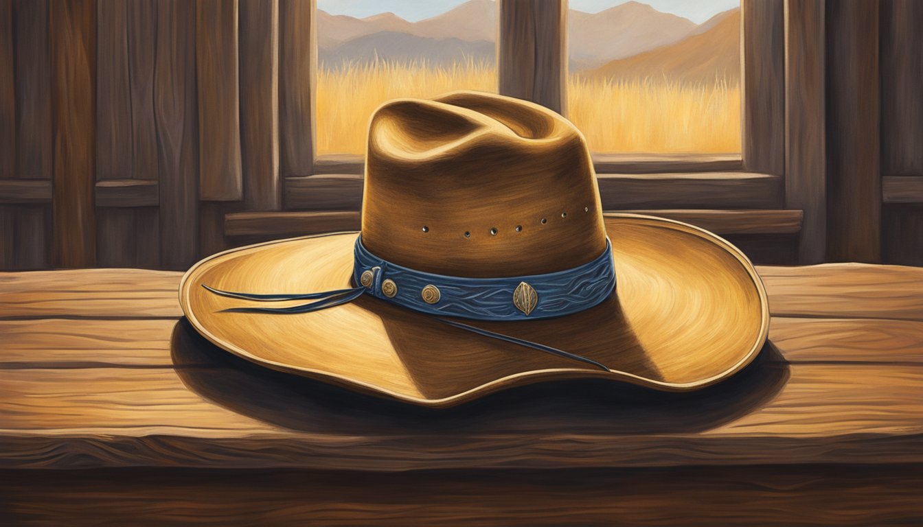 A lone cowboy hat rests atop a weathered guitar, surrounded by a golden glow, evoking the timeless legacy of George Strait's music