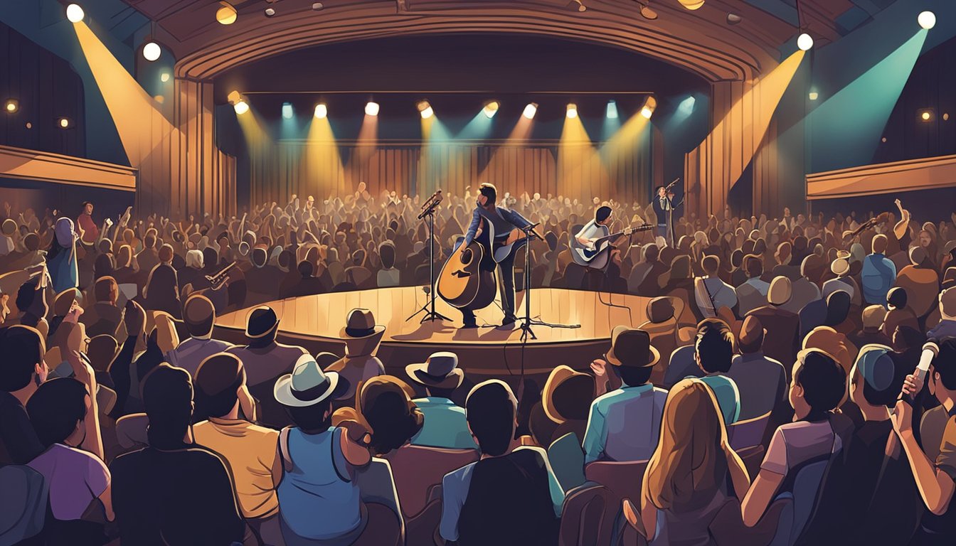 A stage with a microphone and guitar, surrounded by a diverse audience in a concert hall with country music themed decor