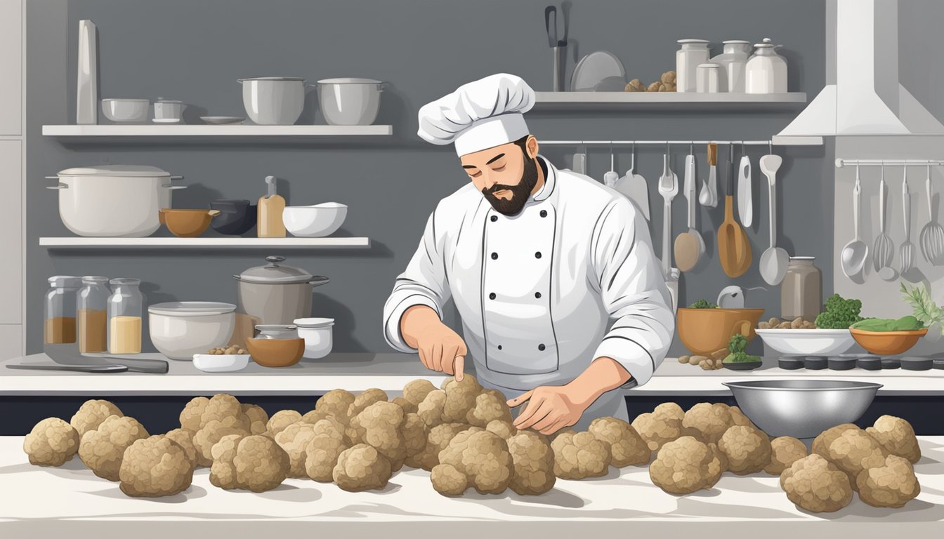 A chef carefully examines a pile of white truffles on a marble countertop, surrounded by various kitchen utensils and ingredients