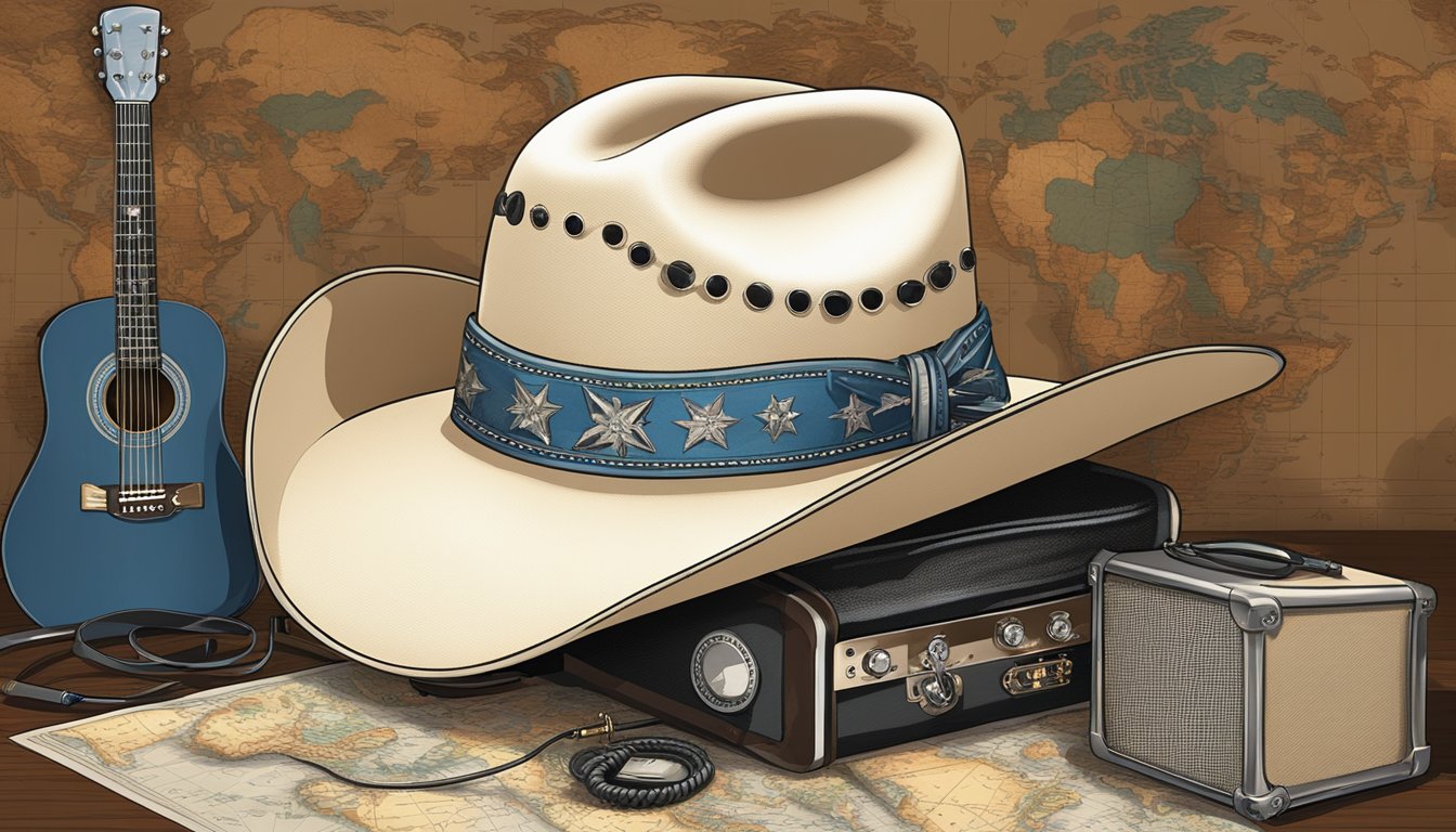 A cowboy hat rests on a vintage microphone, surrounded by guitars and a world map, symbolizing George Strait's influence on global country music