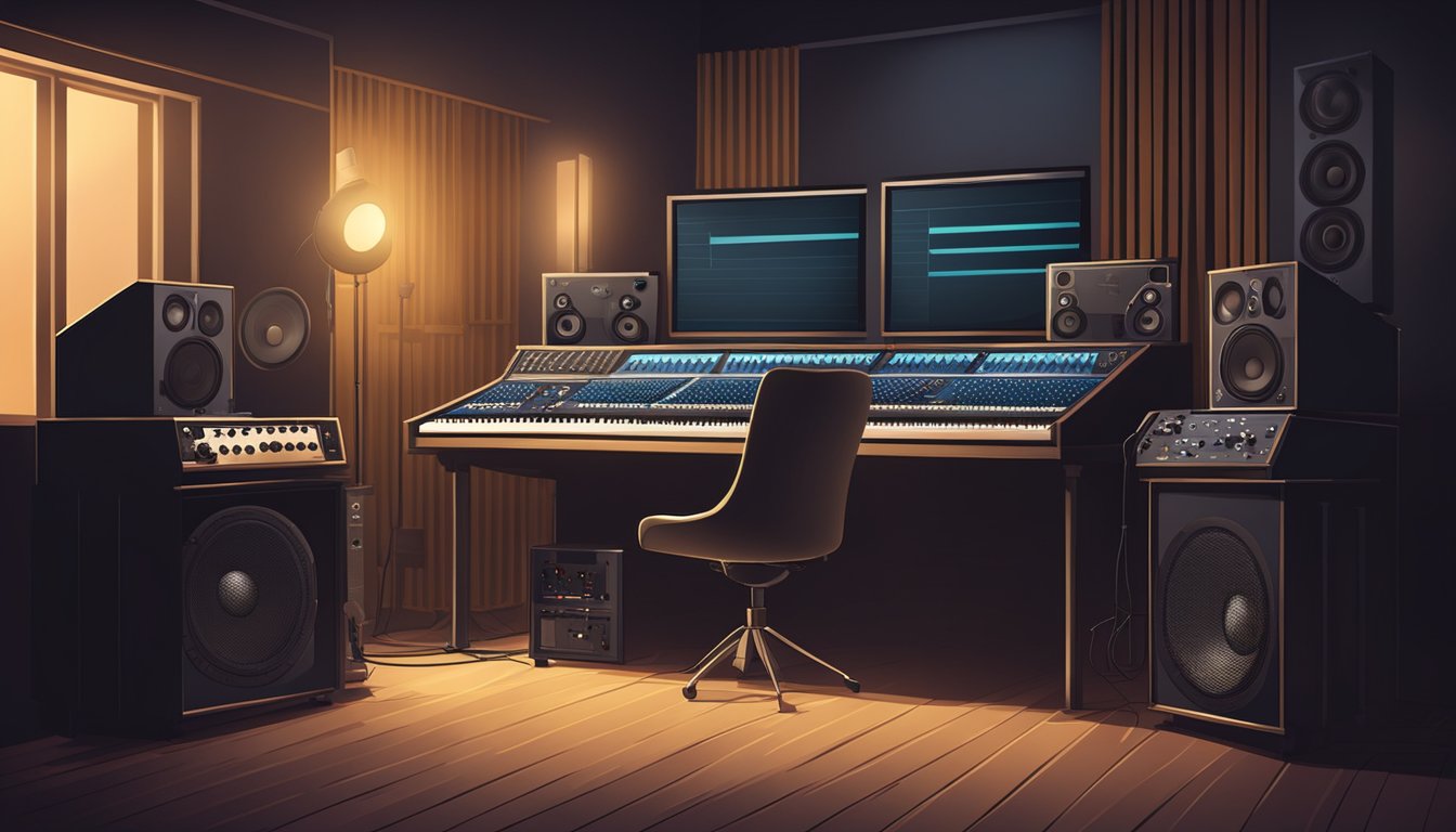 A recording studio with vintage sound equipment and a mixing board. The room is dimly lit, creating a moody atmosphere for the music production process