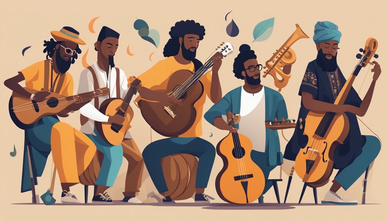 A group of diverse musicians from around the world come together to play various instruments, surrounded by symbols of different cultures and musical influences