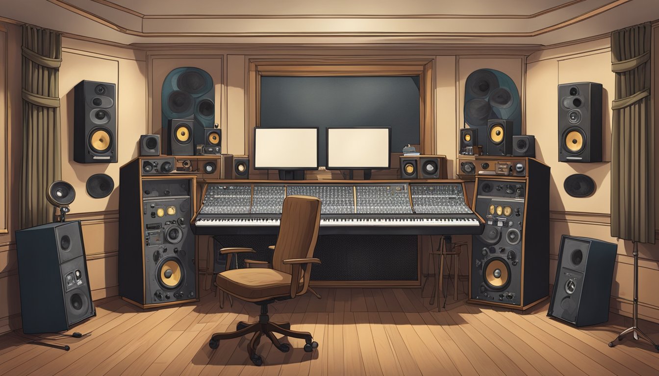 A vintage recording studio with analog equipment and soundproof walls, capturing the essence of George's iconic music through the eyes of his dedicated engineers