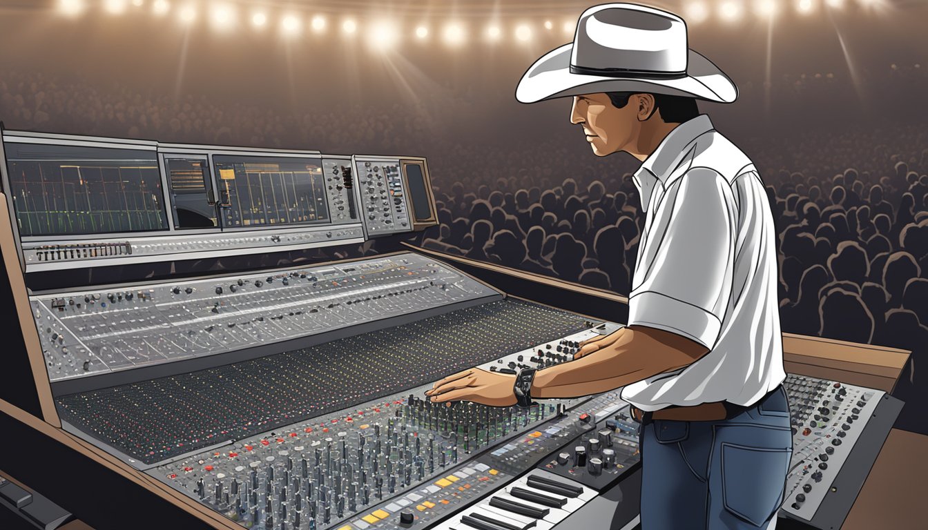 A recording engineer adjusts dials and knobs on a soundboard while George Strait performs on stage, capturing his signature sound