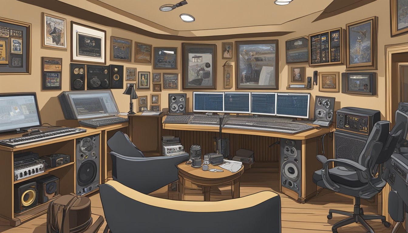 A recording studio with George Strait's awards and memorabilia displayed, while engineers work on equipment