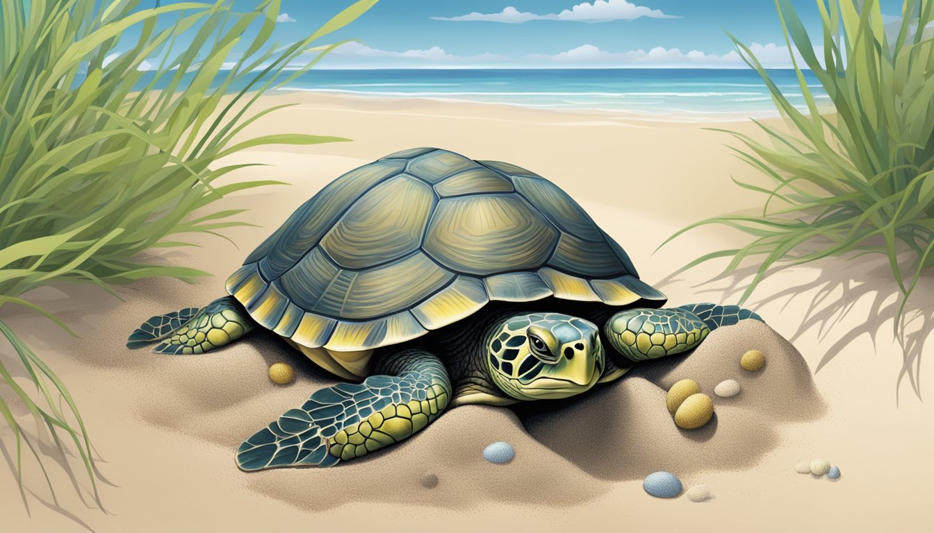 A turtle nest on a sandy beach, with a clutch of eggs nestled in the sand, surrounded by protective vegetation