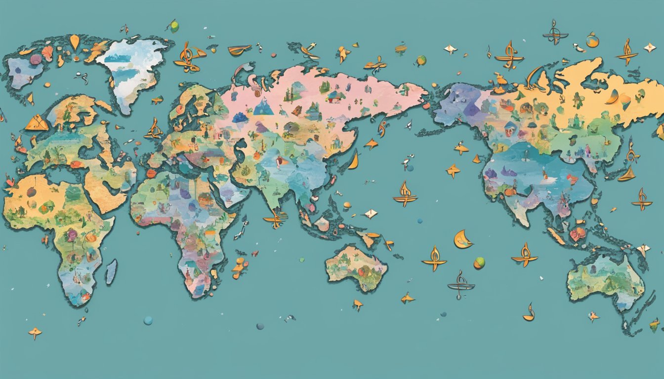 A world map with musical notes and symbols spreading across continents, representing the global reach and cross-genre appeal of country music