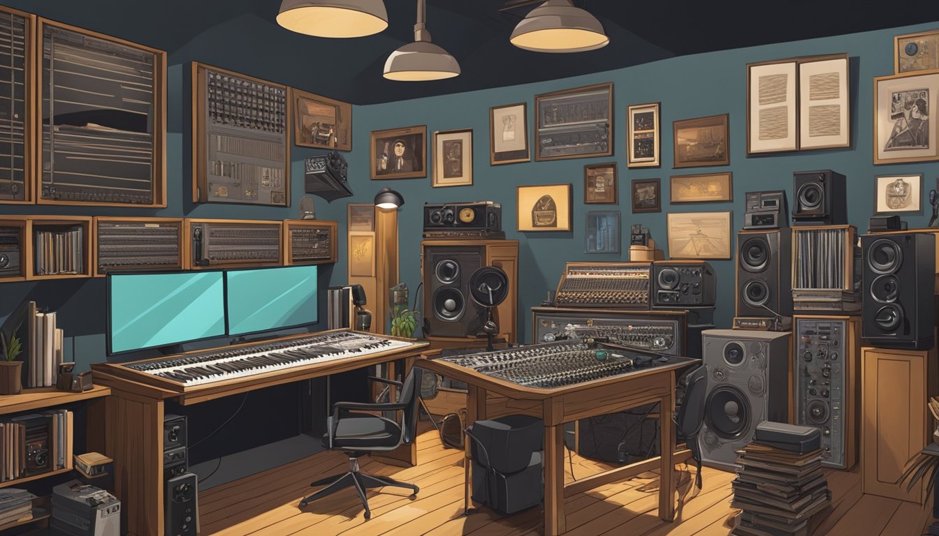 A recording studio with vintage equipment and sound engineers at work, surrounded by film and literature memorabilia