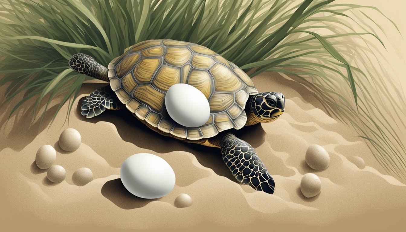 A nest of turtle eggs surrounded by sand and vegetation, with a cracked eggshell revealing the yolk and albumen inside