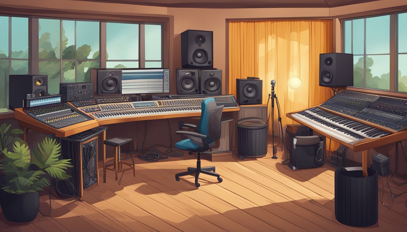 A recording studio with sound engineers at work, surrounded by musical instruments and equipment. A warm, welcoming atmosphere with a sense of creativity and collaboration