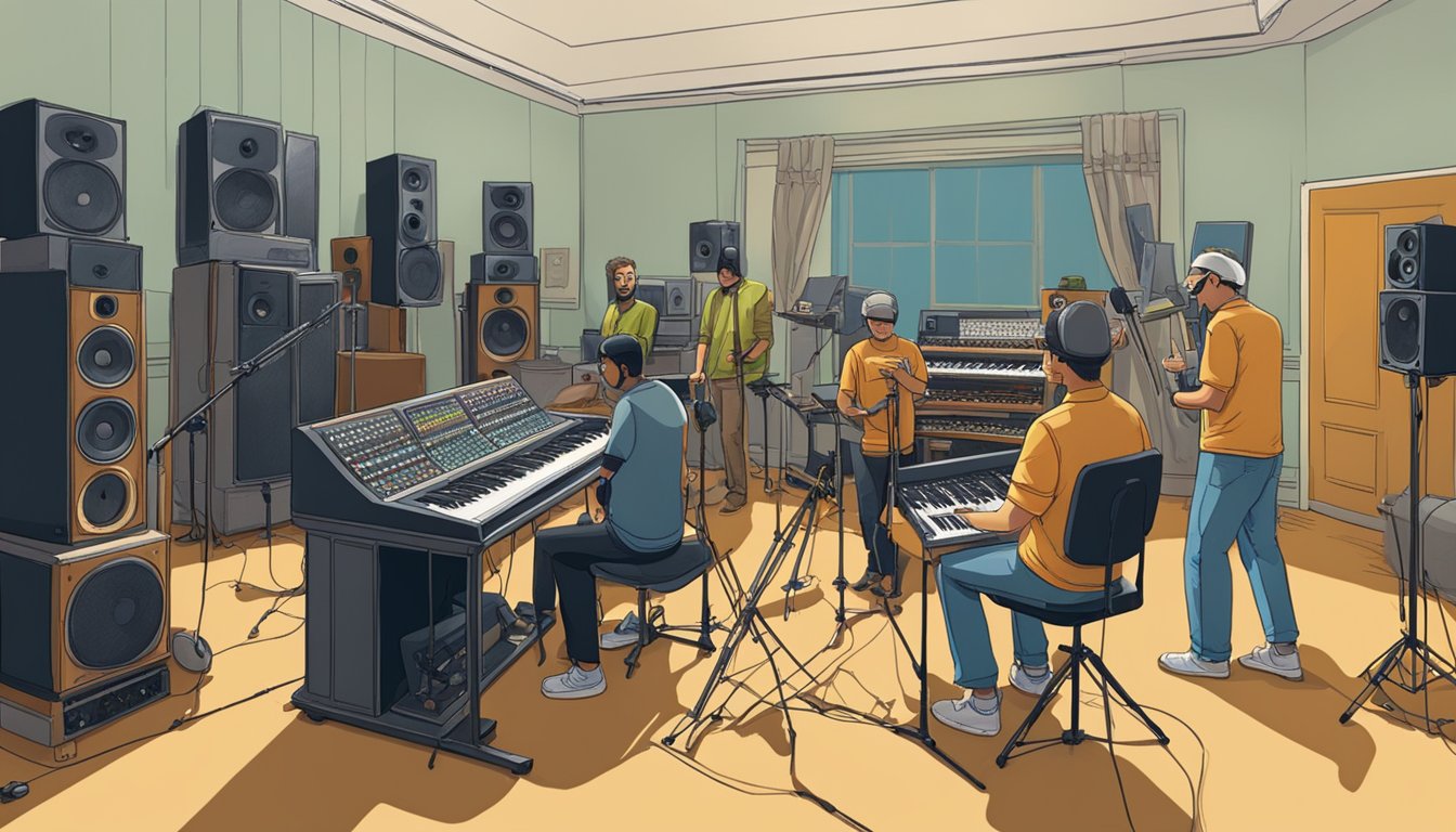 A group of recording engineers gather around George, discussing music and sharing stories. Instruments and recording equipment fill the studio, creating a vibrant and creative atmosphere