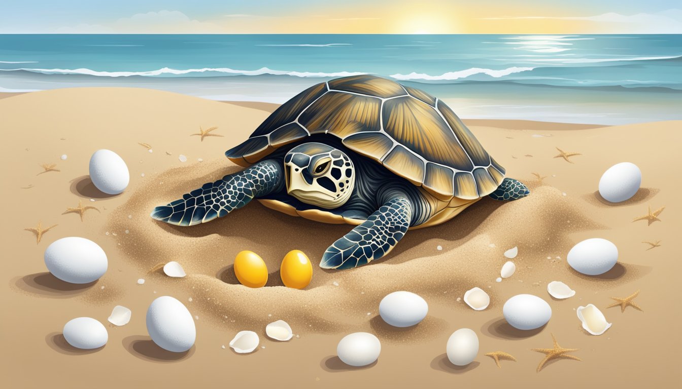 A turtle nest on a sandy beach, with a broken eggshell and untouched eggs