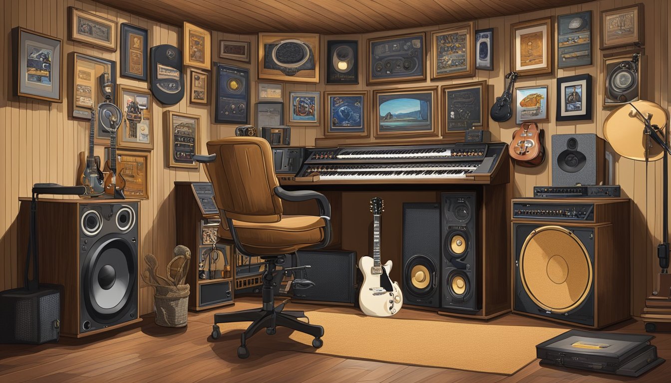 A recording studio with vintage equipment and memorabilia, surrounded by awards and framed albums, evoking the legacy of George Strait