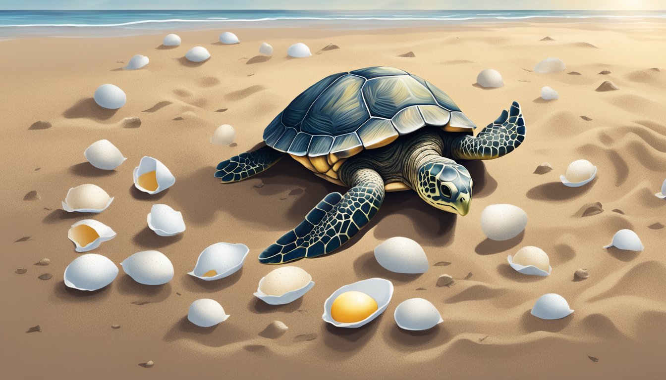 A turtle nest on a sandy beach, with scattered broken eggshells and hatchlings making their way to the ocean