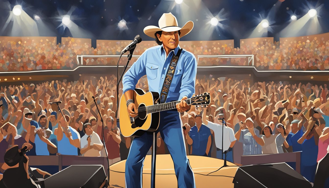 George Strait stands confidently on stage, microphone in hand, delivering precise and powerful vocals to an adoring crowd