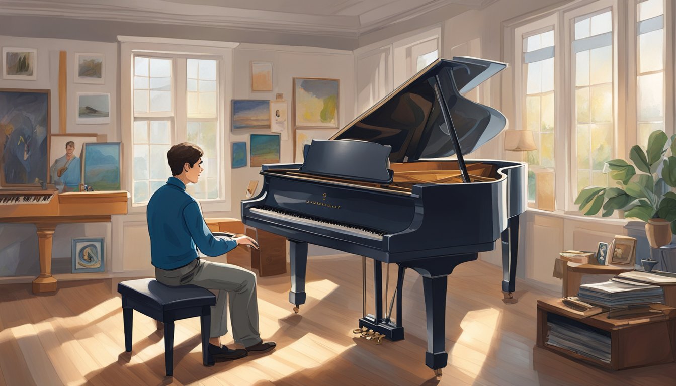 George sits at a grand piano, coaching a young artist. The room is filled with musical instruments and artwork, reflecting his mentorship approach