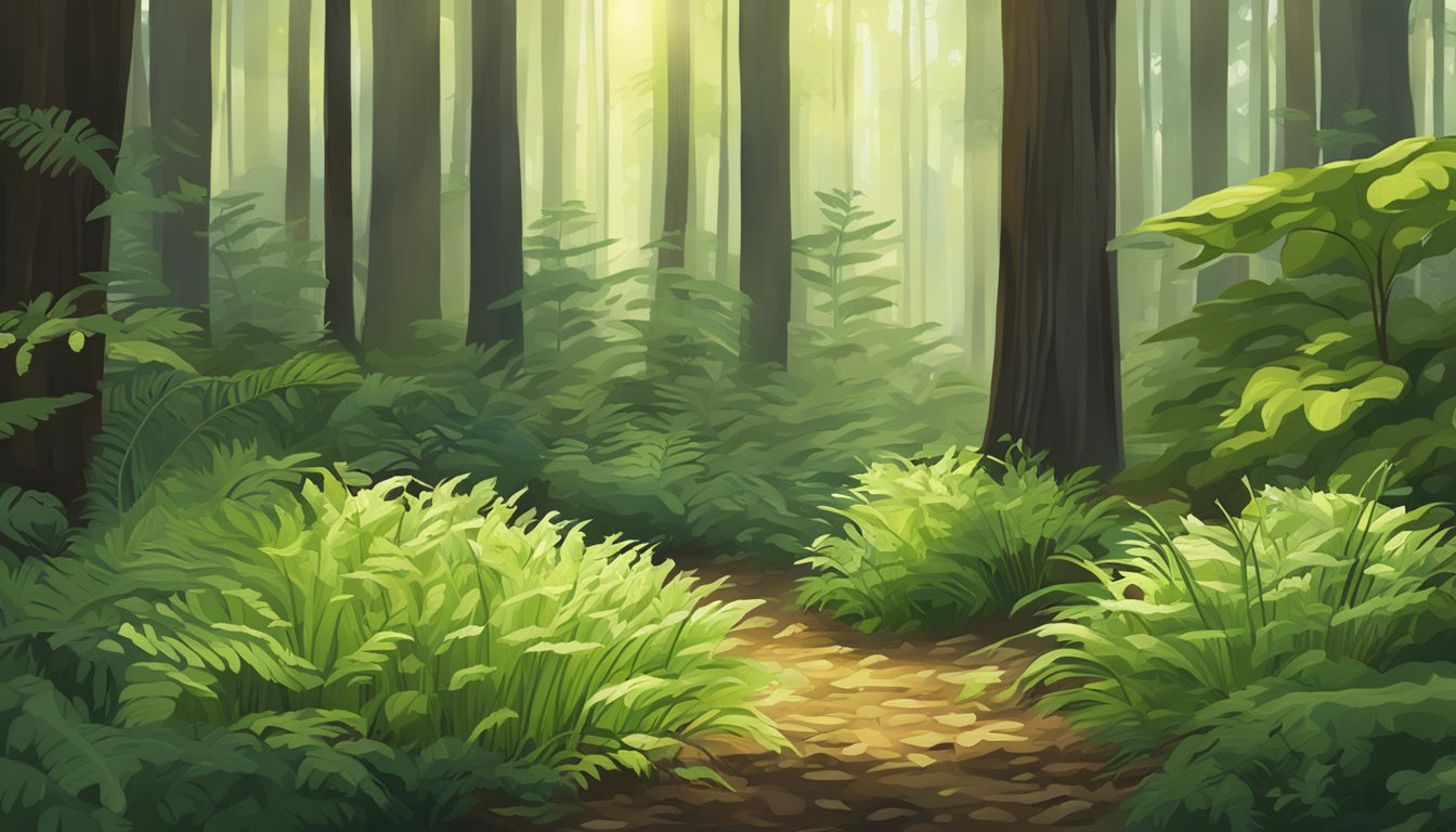 A lush forest floor with wild leeks growing among ferns and fallen leaves, surrounded by tall trees and dappled sunlight