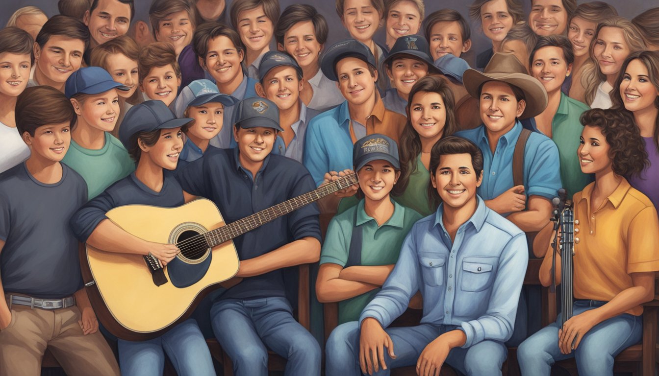 A group of young musicians gather around George Strait, eagerly listening as he shares his wisdom and experience in the music industry