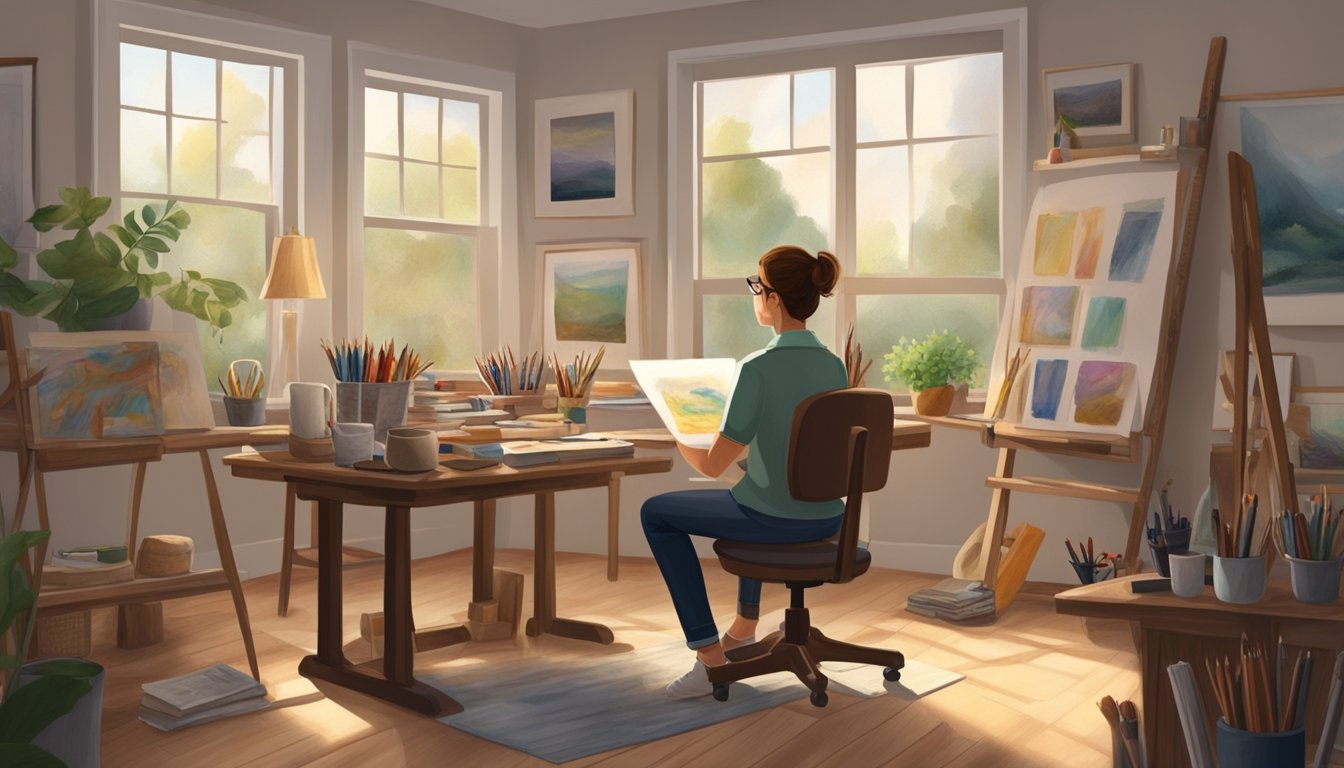 A serene studio with natural light, filled with art supplies and finished works, where an experienced artist guides a young apprentice in a creative mentorship