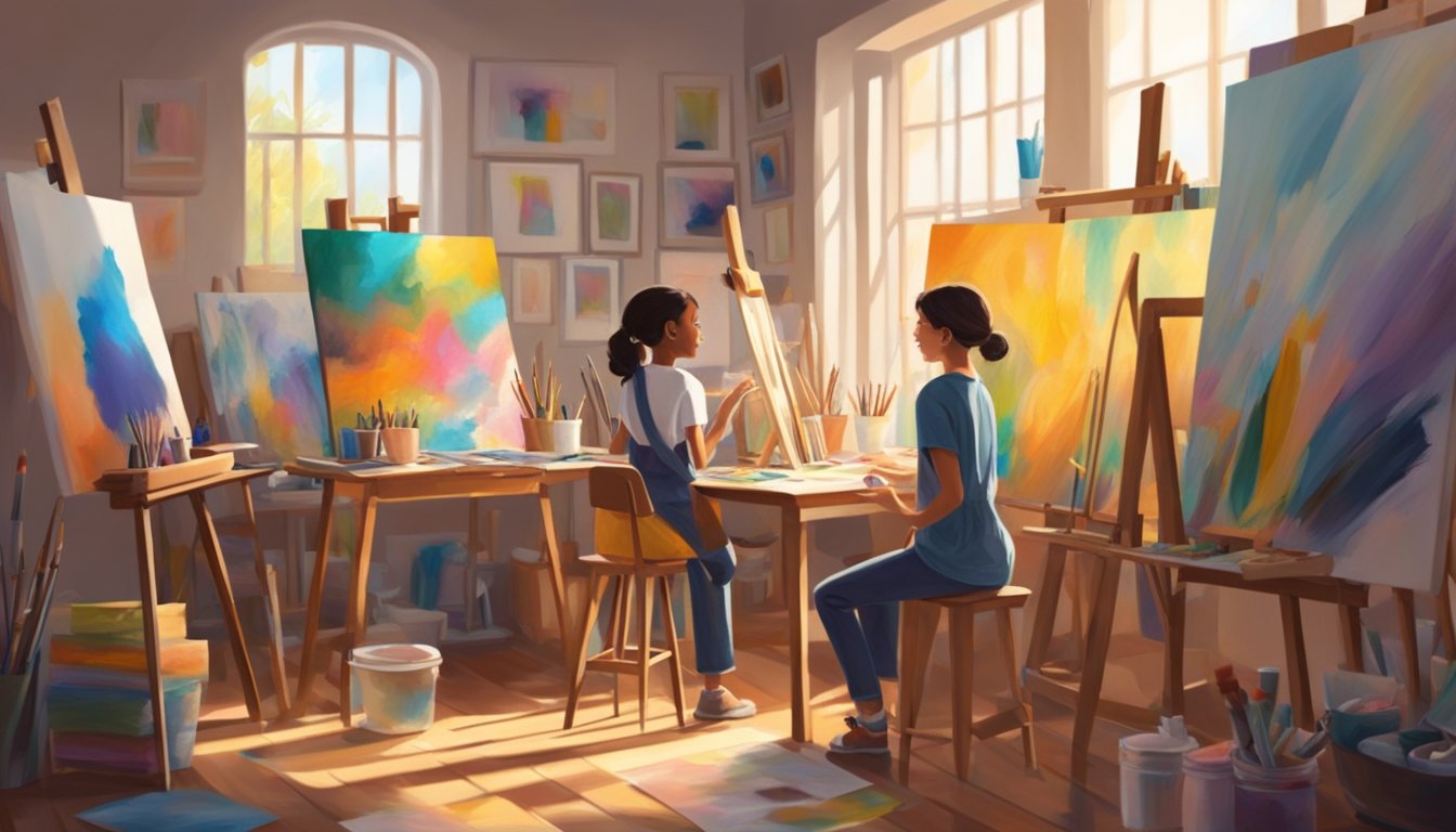 A seasoned artist guides a young painter in a sunlit studio, surrounded by vibrant canvases and overflowing art supplies