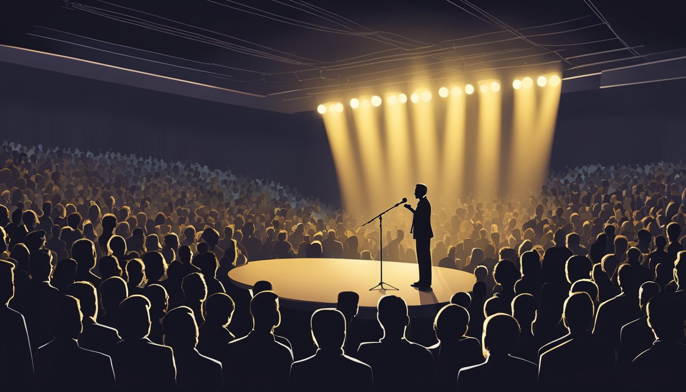 A lone microphone stands center stage, illuminated by a spotlight. A crowd of silhouettes fills the auditorium, their faces turned toward the stage in rapt attention