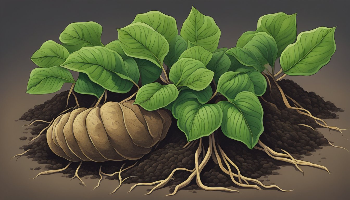 A yam plant with vibrant green leaves and long, twisting vines, surrounded by rich, dark soil and small, tuberous yams peeking out from the ground