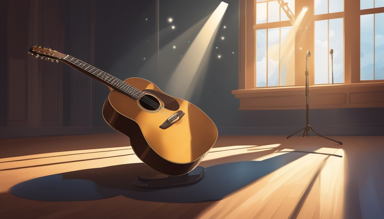 A lone guitar sits on a stage, bathed in a spotlight. The room is empty, but the music still lingers in the air