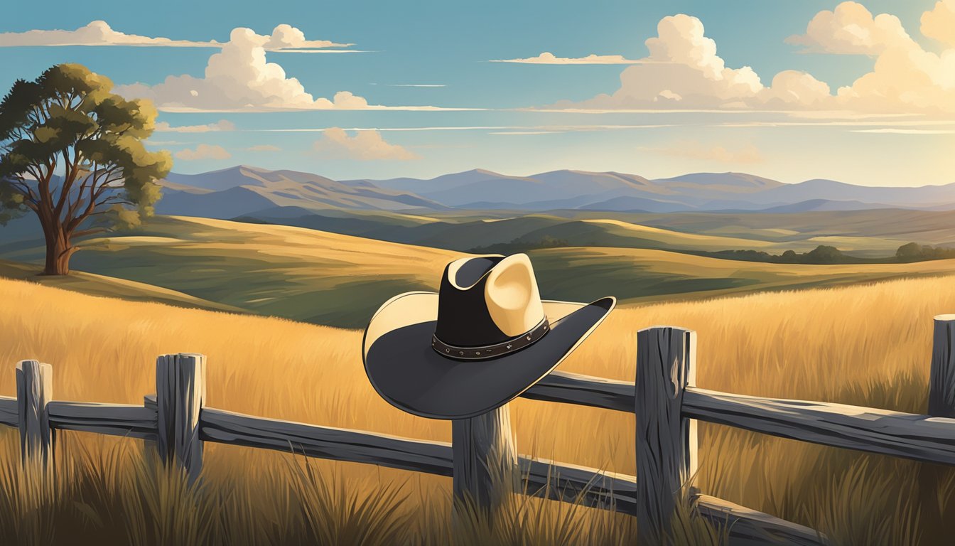 A lone cowboy hat rests on a weathered wooden fence, surrounded by rolling hills and a vast expanse of open sky