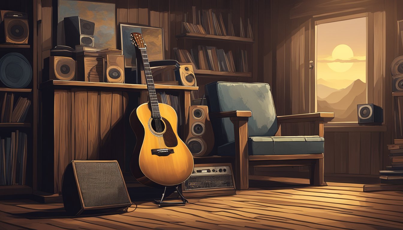 A lone guitar resting against a weathered wooden chair, surrounded by vintage vinyl records and a dimly lit stage