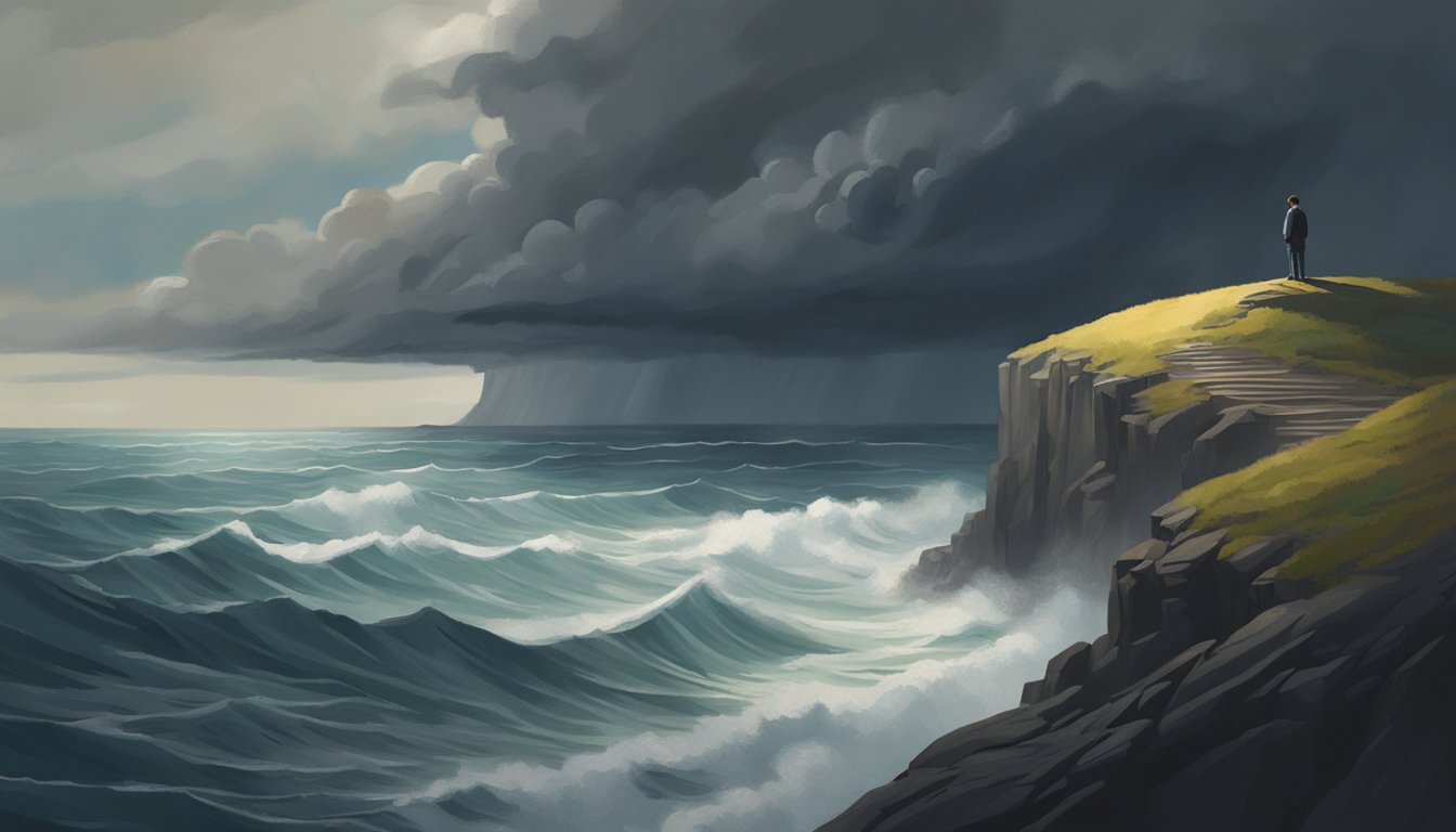 A solitary figure stands on a cliff overlooking a vast, turbulent sea, with storm clouds gathering overhead. The wind whips through their hair as they gaze into the distance, lost in thought