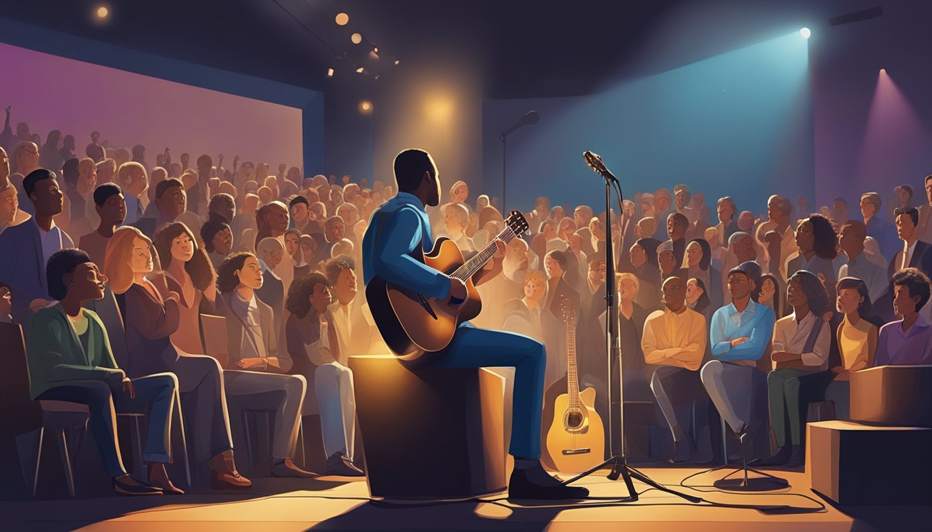 A guitar sits on a stage, bathed in a warm spotlight. A crowd of diverse individuals listens intently, their faces reflecting a range of emotions as they are moved by the music