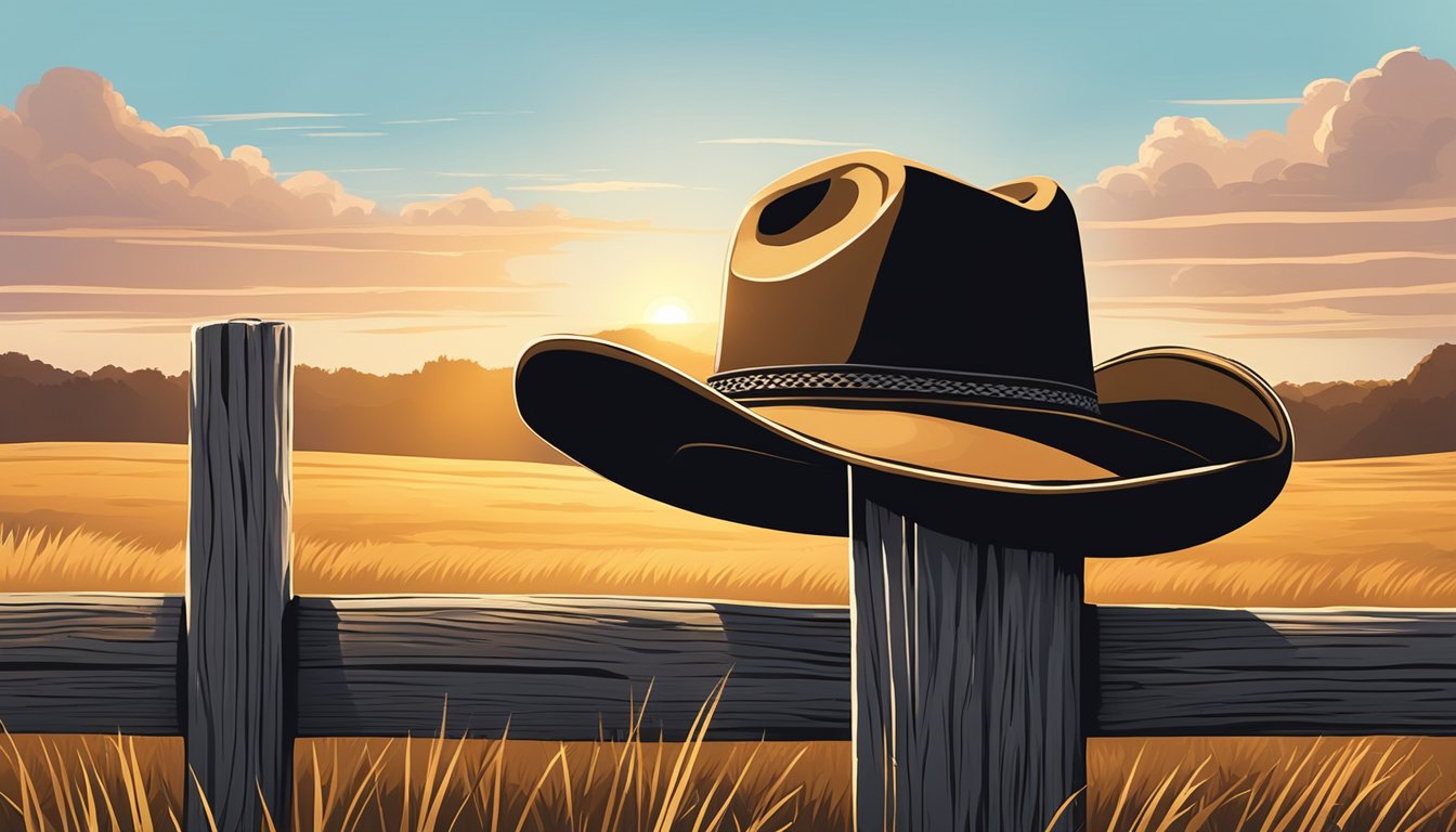 A lone cowboy hat resting on a weathered wooden fence post, bathed in the warm glow of the setting sun