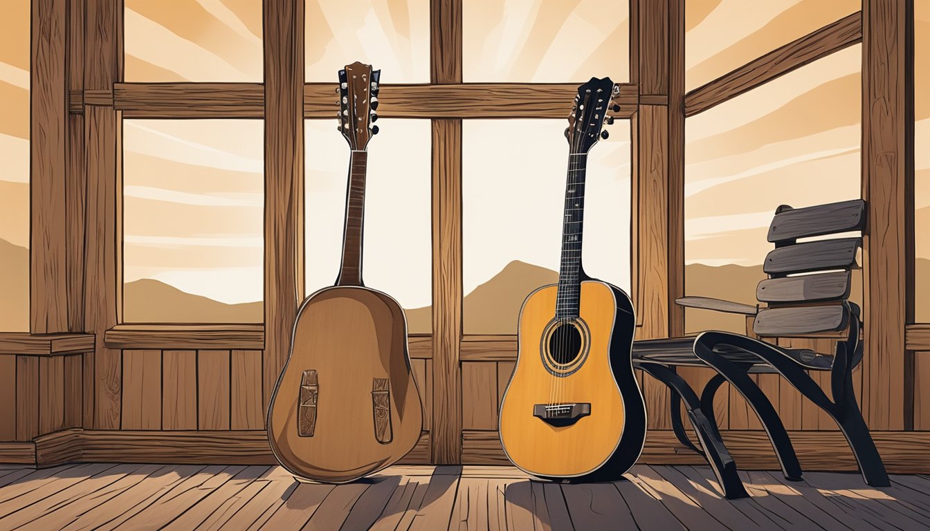 A lone guitar sits on a weathered stage, bathed in a spotlight. The silhouette of a cowboy hat hangs in the background, evoking the spirit of George Strait's iconic country music legacy